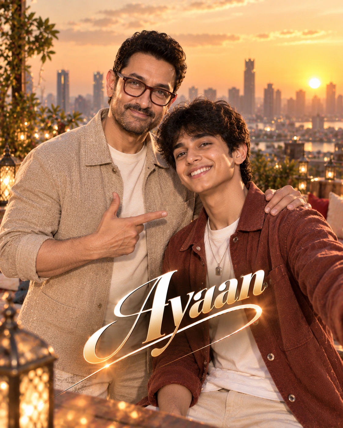 Ayaan with Aamir Khan — Golden-Hour Glow Dream Poster — Instagram Posts AI poster reference
