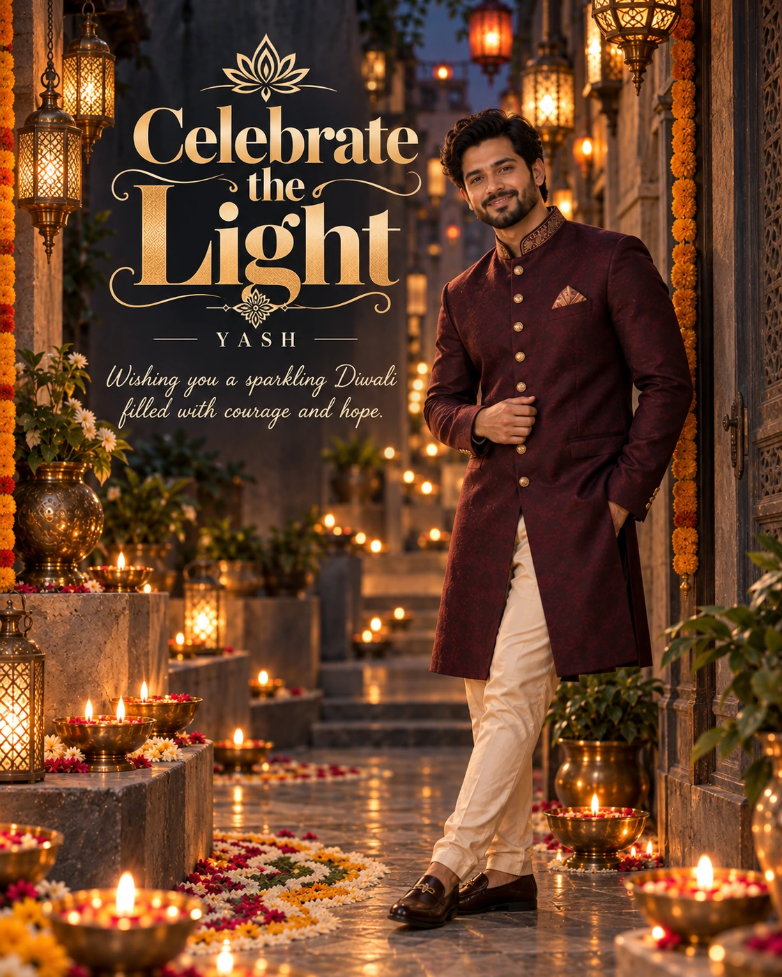 Graphite Lantern Alley Editorial Portrait Diwali Wishes — Yash — Greeting Cards AI poster reference