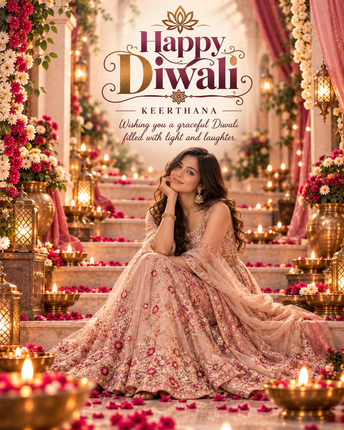 Blush Festive Staircase Cinematic Layered Story Diwali Wishes — Keerthana — Greeting Cards AI poster reference