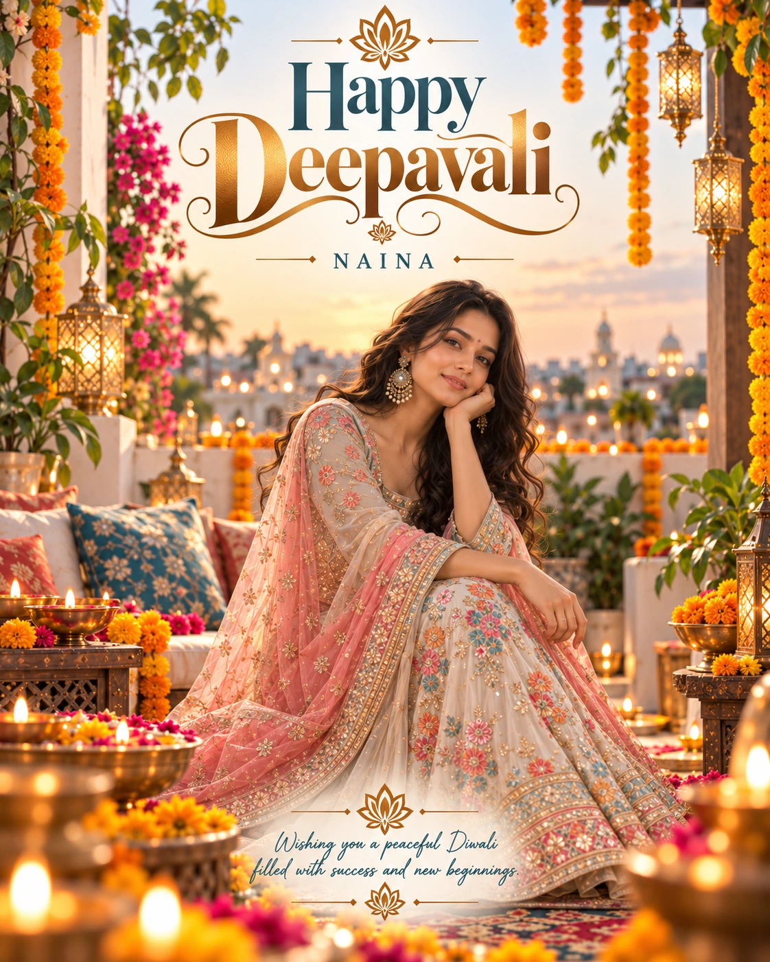 Marigold Rooftop Morning Cinematic Layered Story Diwali Wishes — Naina — Greeting Cards AI poster reference
