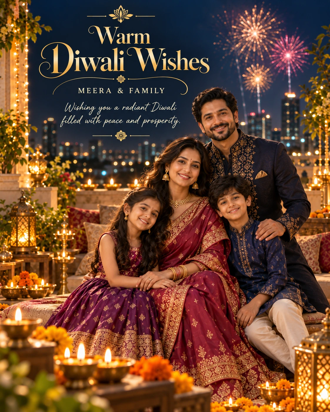 Midnight Firework Rooftop Cinematic Layered Story Diwali Wishes — Meera & Family — Greeting Cards AI poster reference