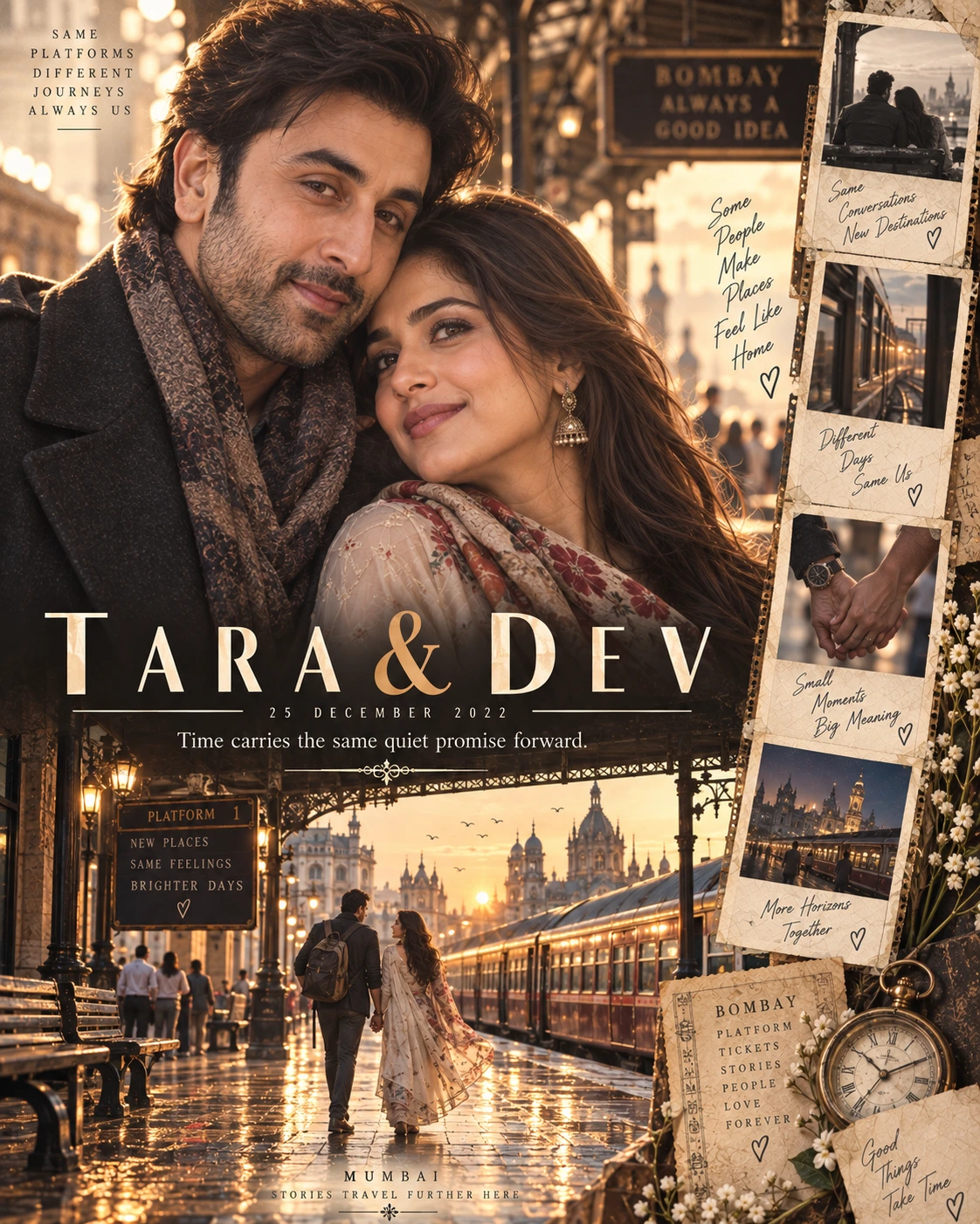 Railway Monsoon Horizon Strip Timeless Love — Anniversary AI poster reference