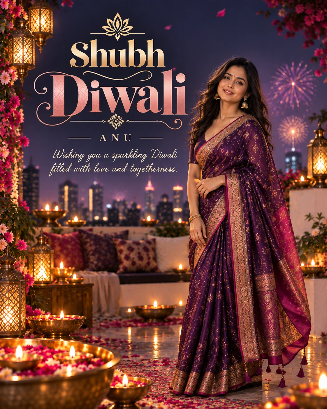 Violet Skyline Night Editorial Portrait Diwali Wishes — Anu — Greeting Cards AI poster reference