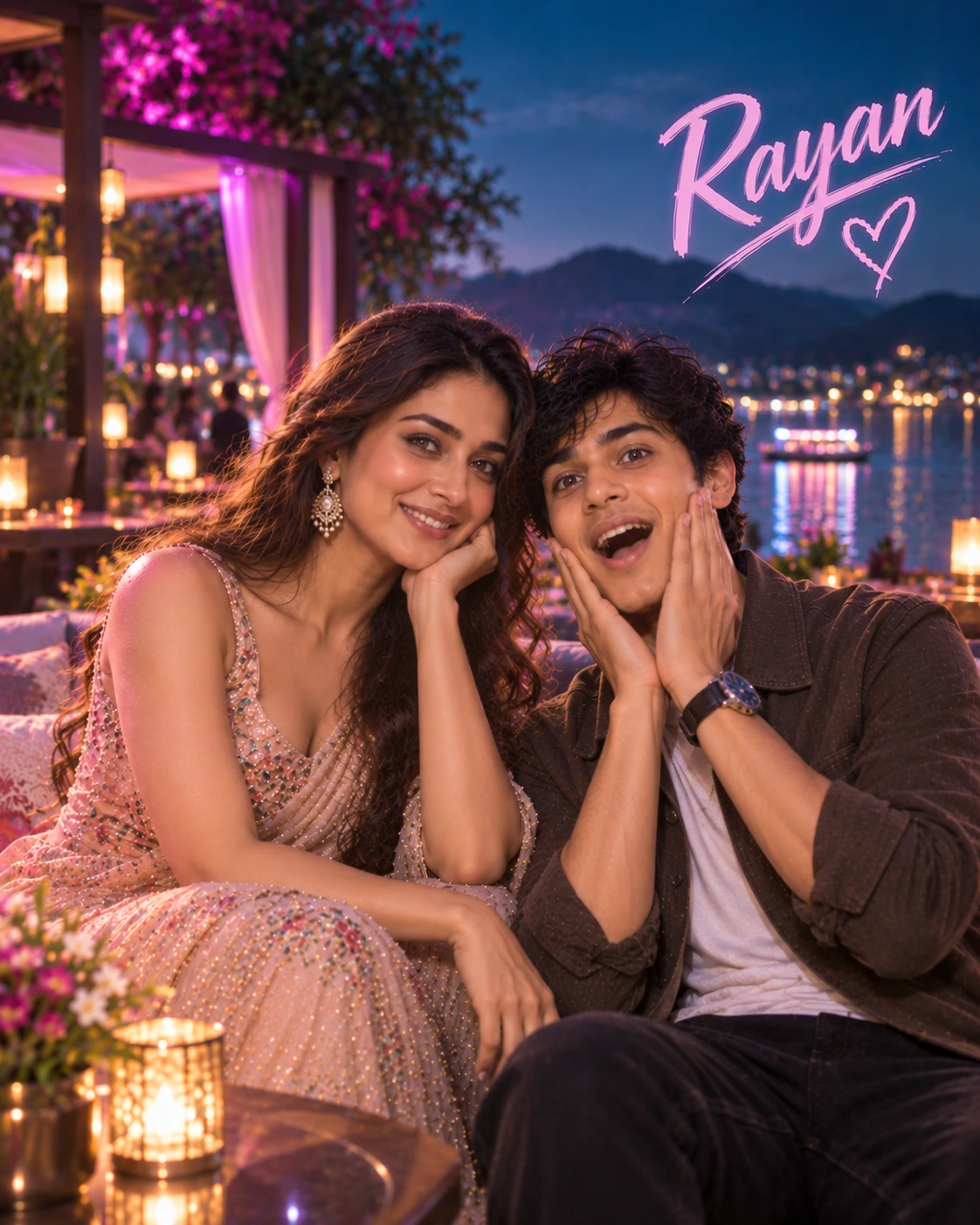 Rayan with Mrunal Thakur — Neon Night Energy Dream Poster — Instagram Posts AI poster reference