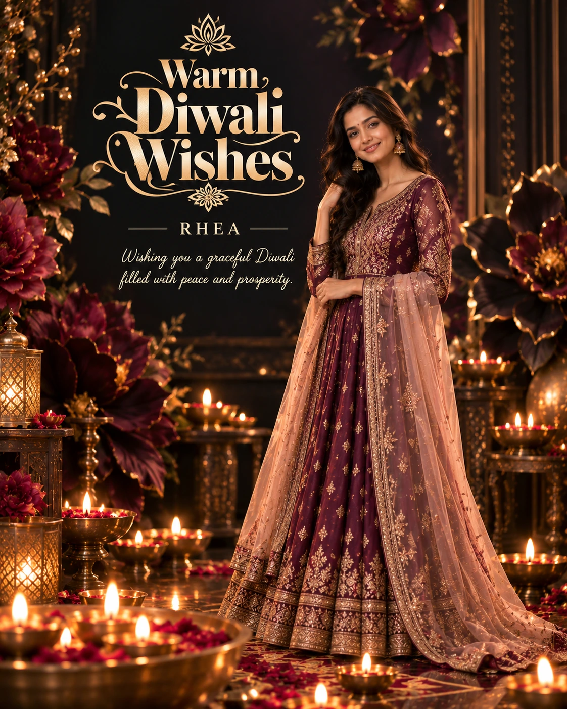 Obsidian Floral Frame Editorial Portrait Diwali Wishes — Rhea — Greeting Cards AI poster reference