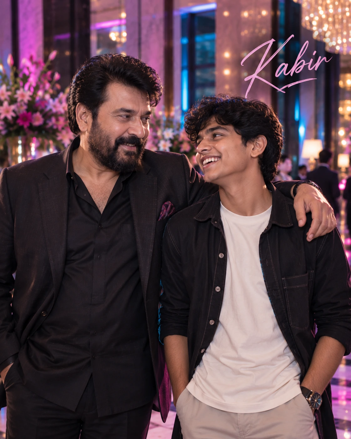 Kabir with Mammootty — Neon Night Energy Dream Poster — Instagram Posts AI poster reference