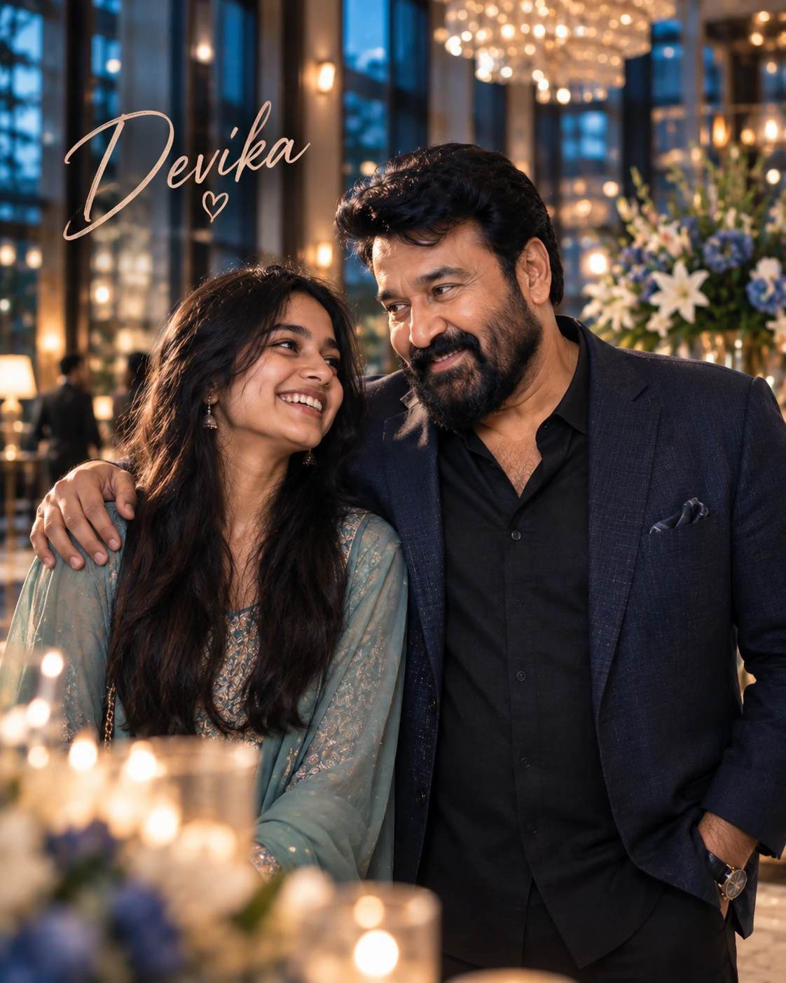 Devika with Mohanlal — Blue-Hour Cinematic Calm Dream Poster — Instagram Posts AI poster reference
