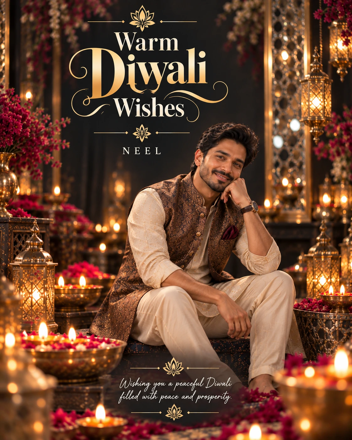 Charcoal Mirror Studio Cinematic Layered Story Diwali Wishes — Neel — Greeting Cards AI poster reference