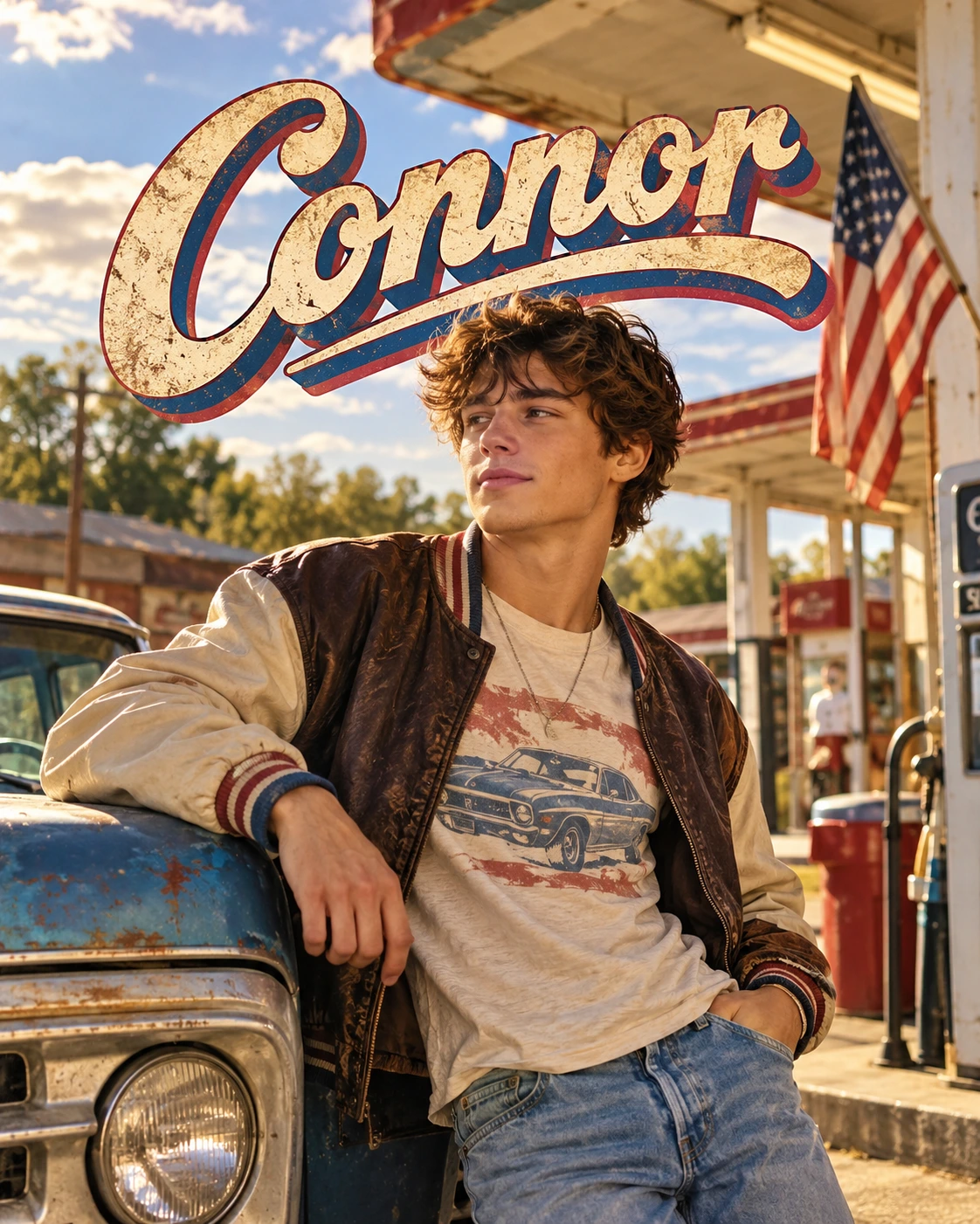 Connor — Thrifted Vintage Americana Environmental Halfbody Profile Poster — Instagram Posts AI poster reference