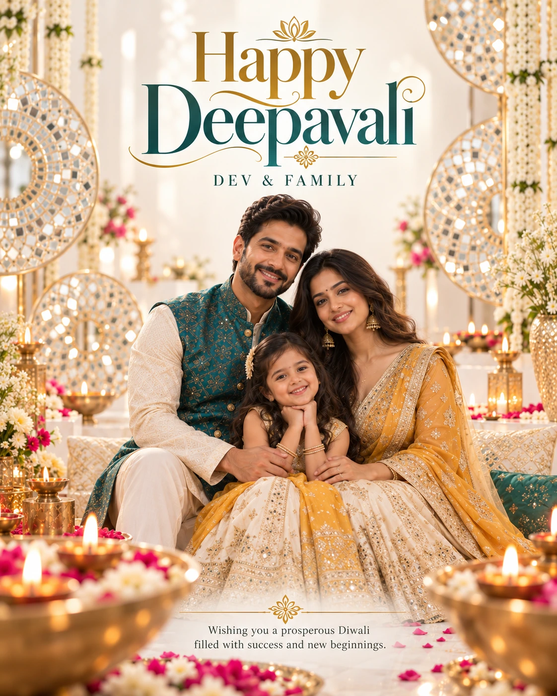Mirror-Work White Studio Cinematic Layered Story Diwali Wishes — Dev & Family — Greeting Cards AI poster reference