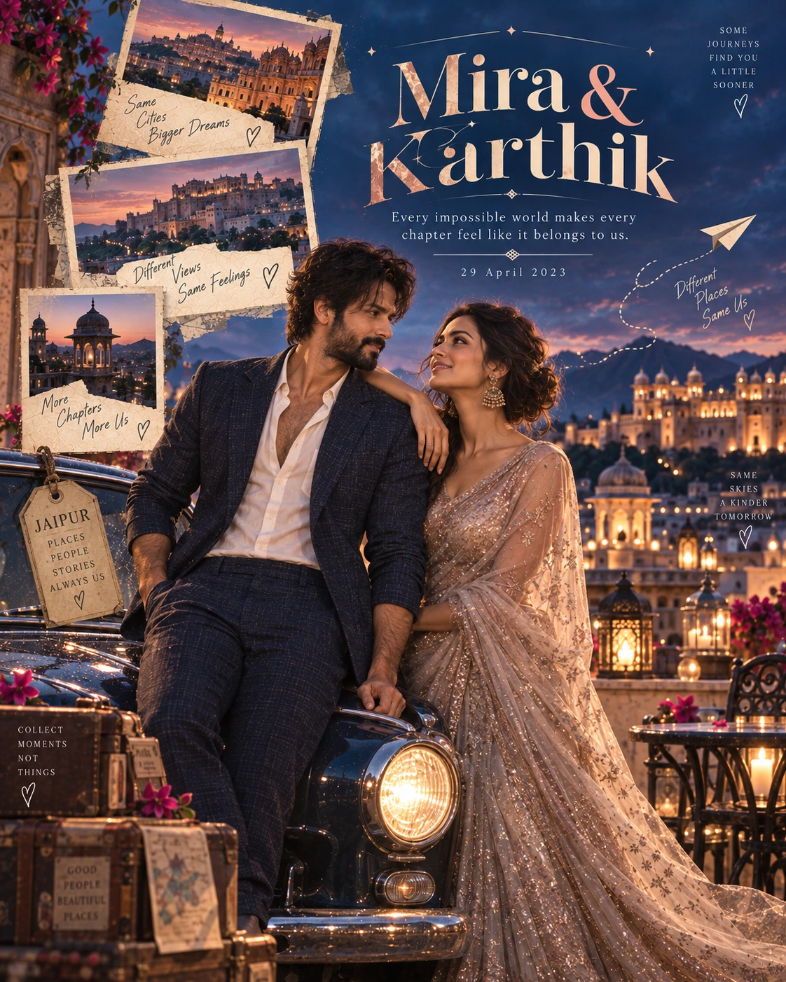 Jaipur Rooftop Postcard Drive Surreal Romance — Engagement AI poster reference