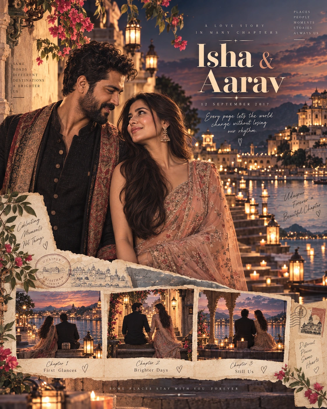 Udaipur Steps Memory Ribbon Storybook Love — Anniversary AI poster reference