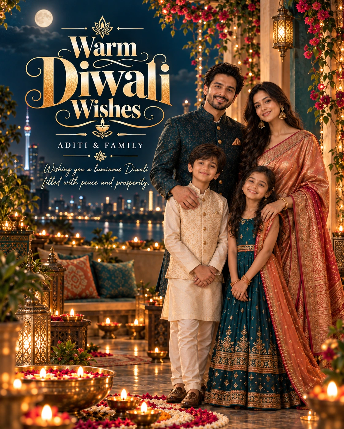 Deep Teal Balcony Editorial Portrait Diwali Wishes — Aditi & Family — Greeting Cards AI poster reference