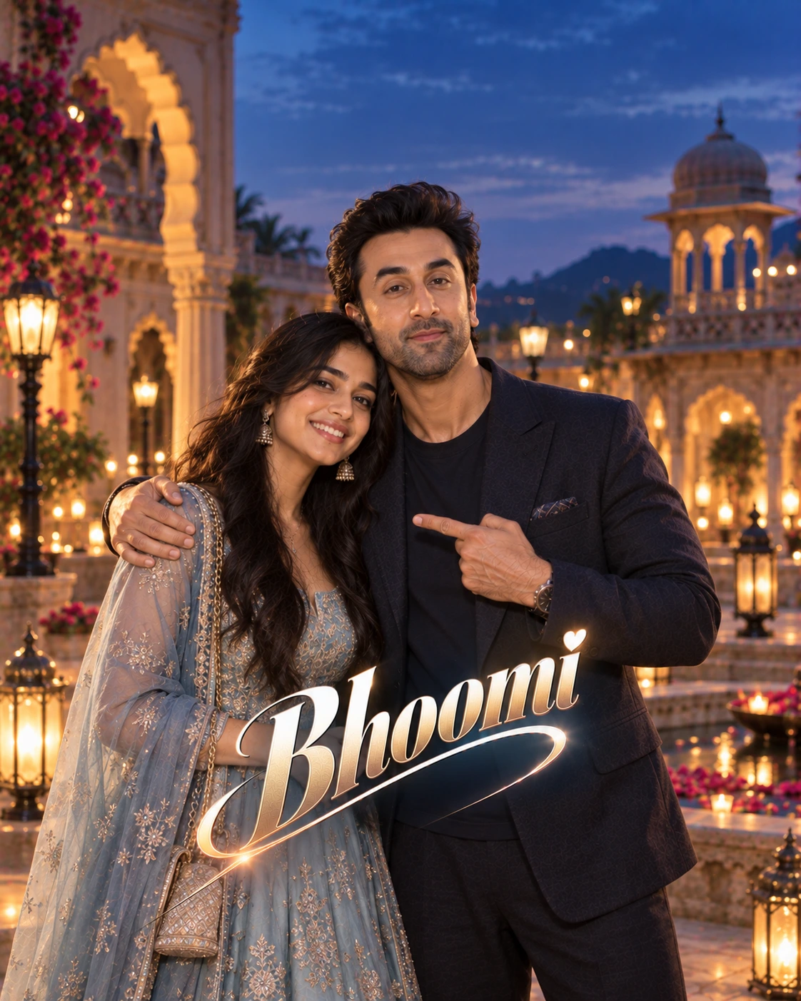 Bhoomi with Ranbir Kapoor — Blue-Hour Cinematic Calm Dream Poster — Instagram Posts AI poster reference