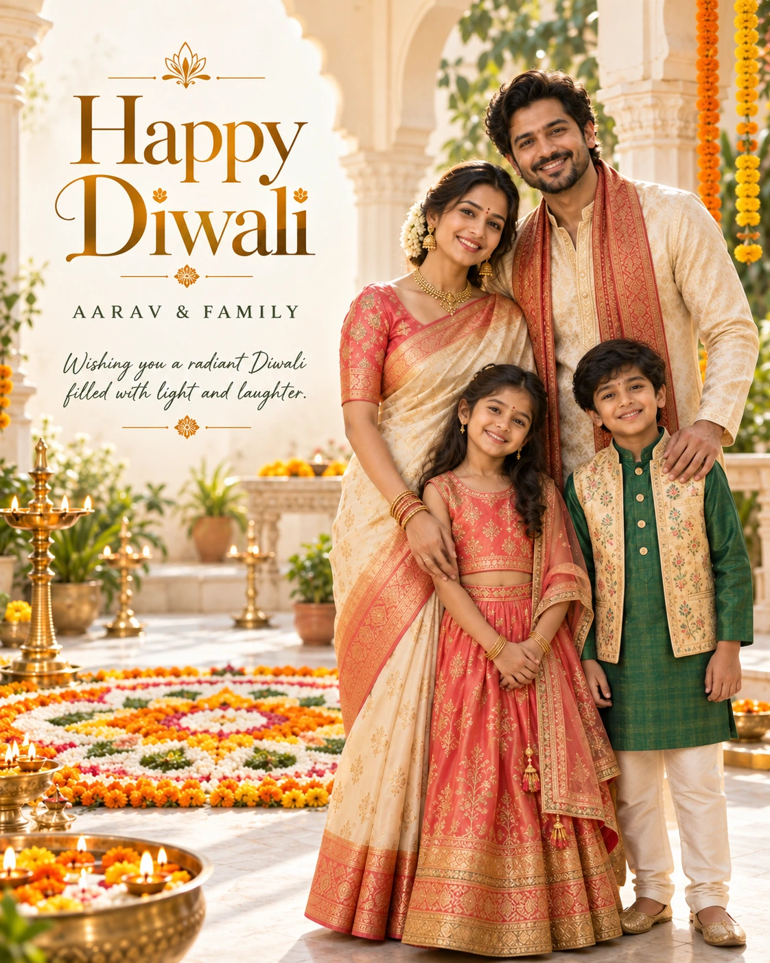 Ivory Rangoli Courtyard Editorial Portrait Diwali Wishes — Aarav & Family — Greeting Cards AI poster reference