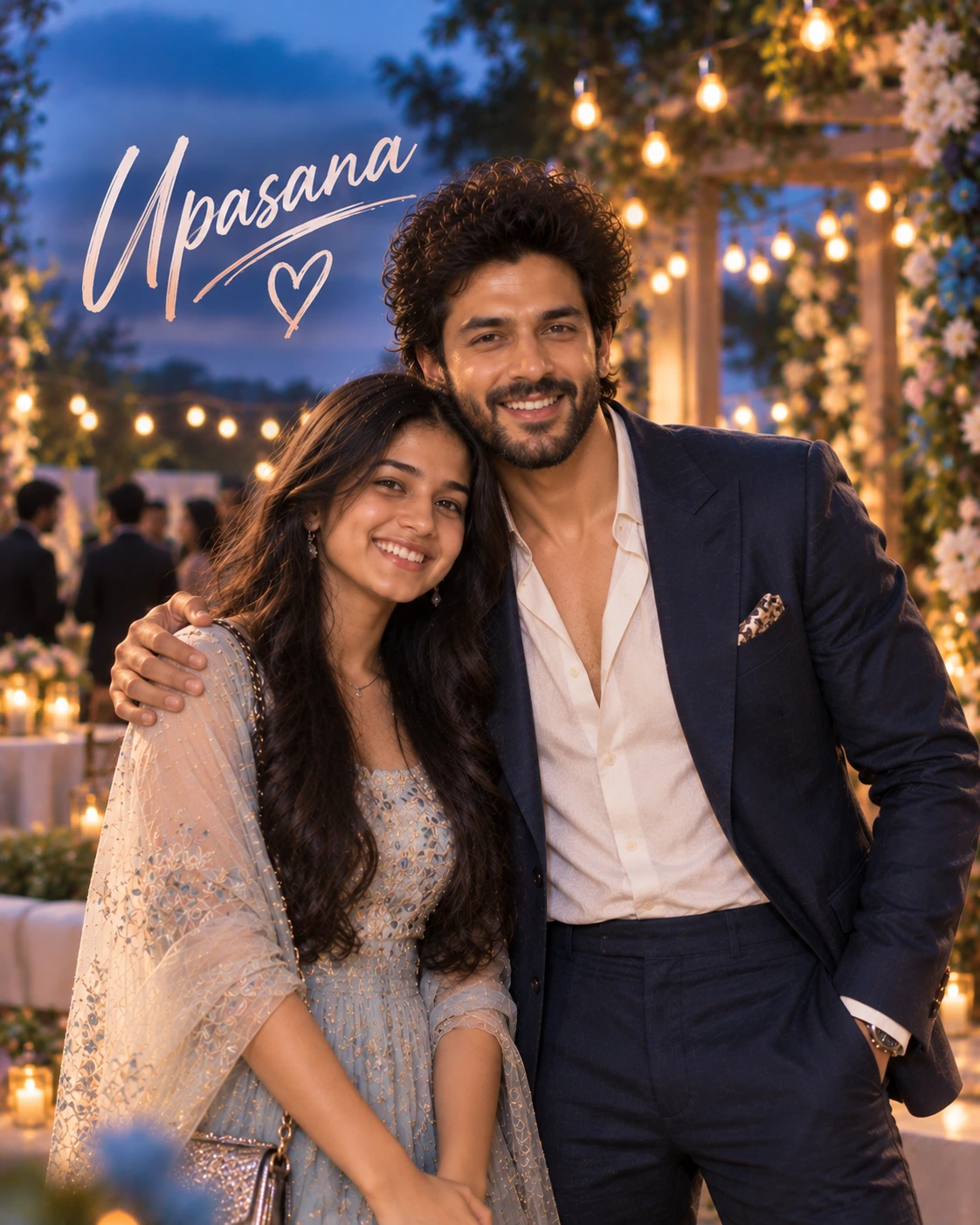 Upasana with Kartik Aaryan — Blue-Hour Cinematic Calm Dream Poster — Instagram Posts AI poster reference