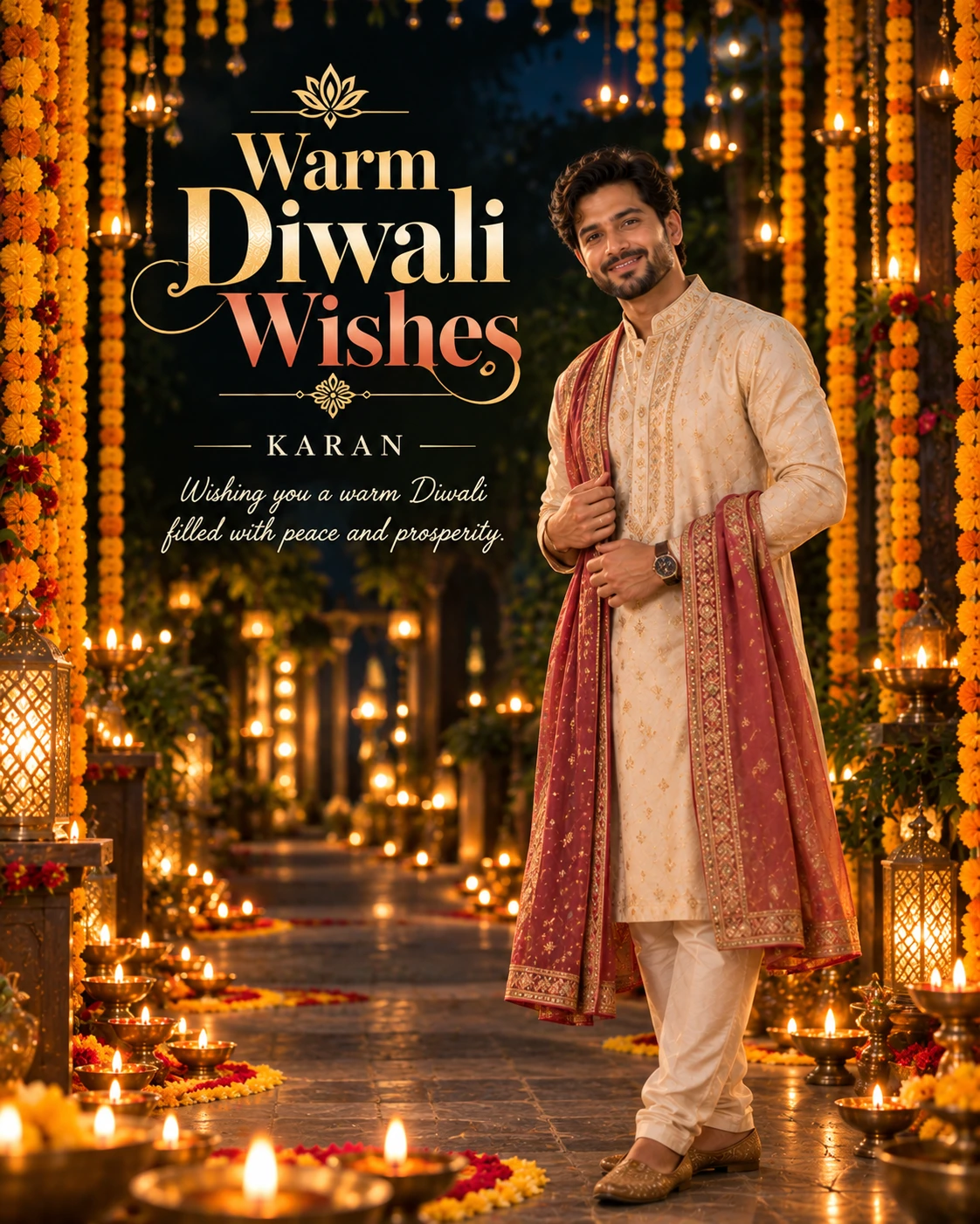 Midnight Marigold Tunnel Editorial Portrait Diwali Wishes — Karan — Greeting Cards AI poster reference
