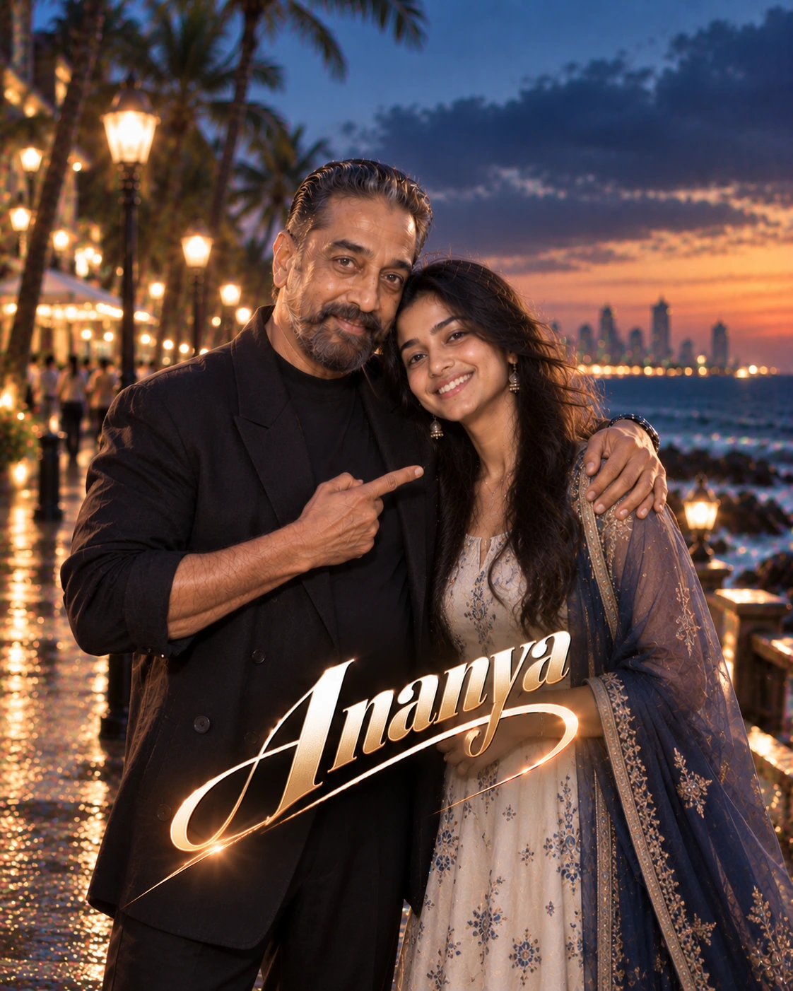 Ananya with Kamal Haasan — Cinematic Shadow-And-Rim Contrast Dream Poster — Instagram Posts AI poster reference