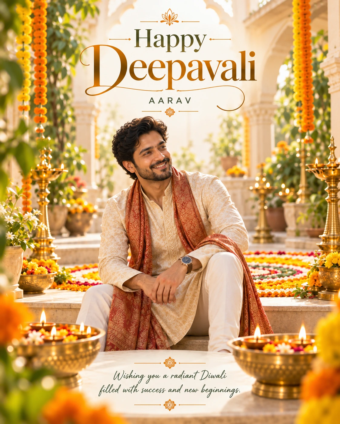 Ivory Rangoli Courtyard Cinematic Layered Story Diwali Wishes — Aarav — Greeting Cards AI poster reference