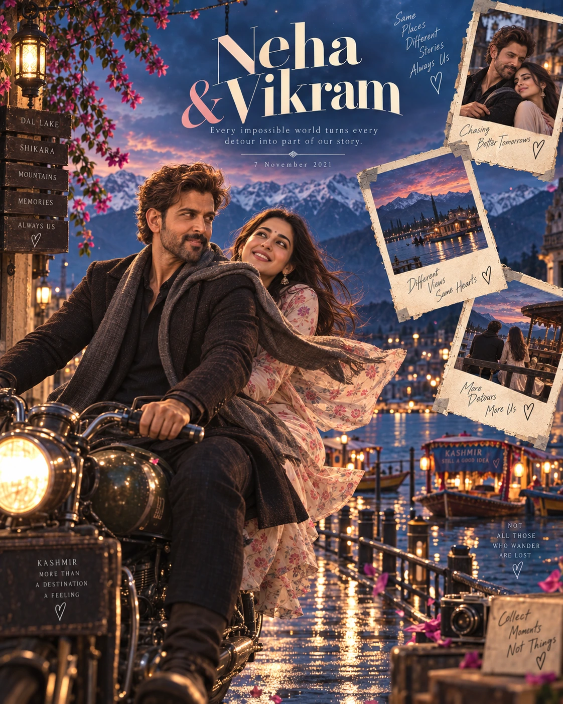 Kashmir Lake Polaroid Trail Surreal Romance — Engagement AI poster reference