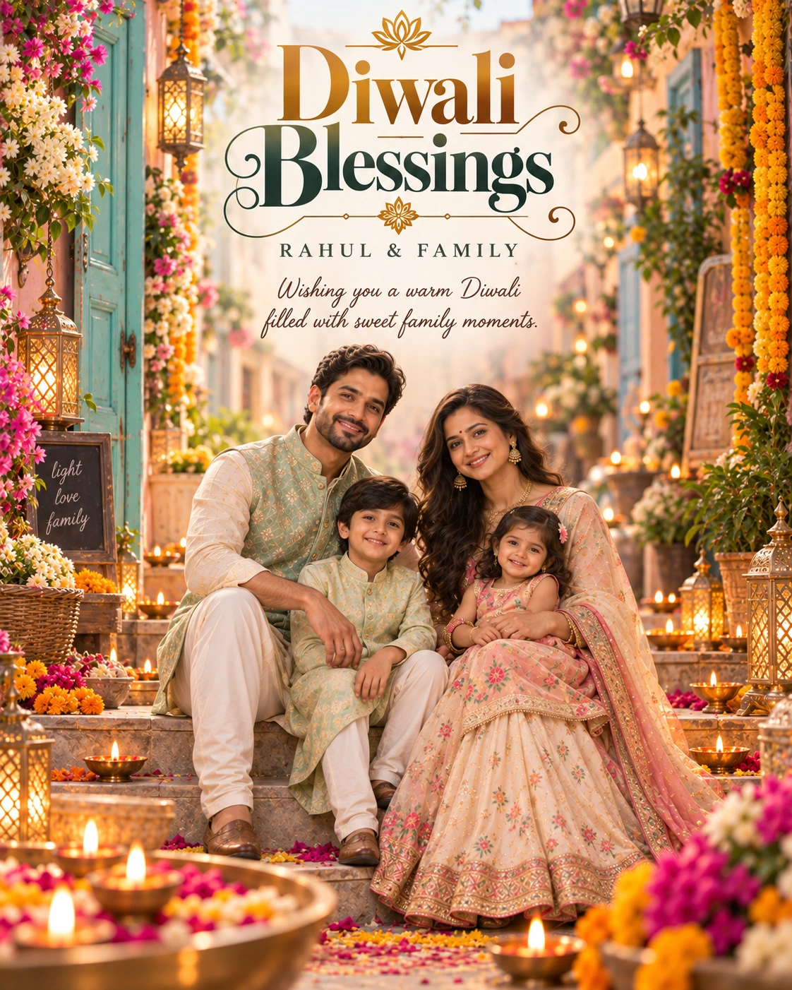 Pastel Festive Bazaar Lane Cinematic Layered Story Diwali Wishes — Rahul & Family — Greeting Cards AI poster reference