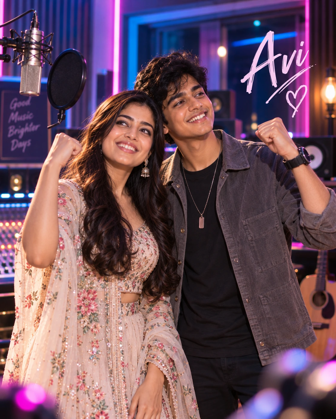 Avi with Rashmika Mandanna — Neon Night Energy Dream Poster — Instagram Posts AI poster reference
