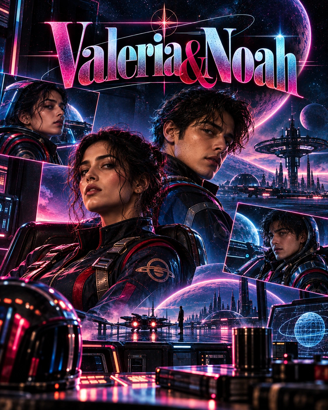 Valeria & Noah — Retro Sci-Fi Layered Memory Instagram Poster — Instagram Posts AI poster reference