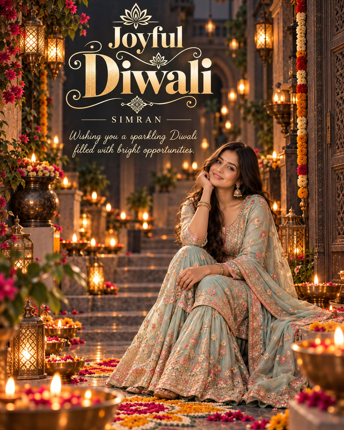 Graphite Lantern Alley Cinematic Layered Story Diwali Wishes — Simran — Greeting Cards AI poster reference