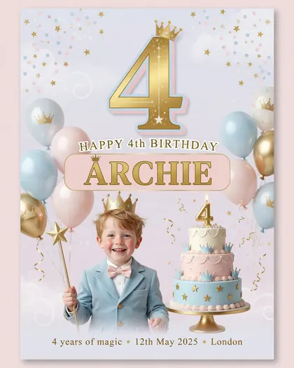 4th Birthday Wishes Boy Poster Prompt — United Kingdom — Birthday AI poster reference