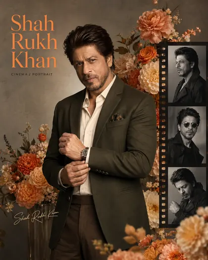 Shah Rukh Khan Inspired Floral Film-Strip Editorial Male Poster — Congratulations AI poster reference