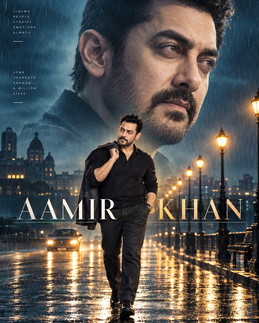 Aamir Khan Inspired Rainy Road Double Exposure Male Poster reference poster