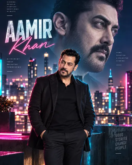 Aamir Khan Inspired Neon Rooftop City Male Poster — Congratulations AI poster reference