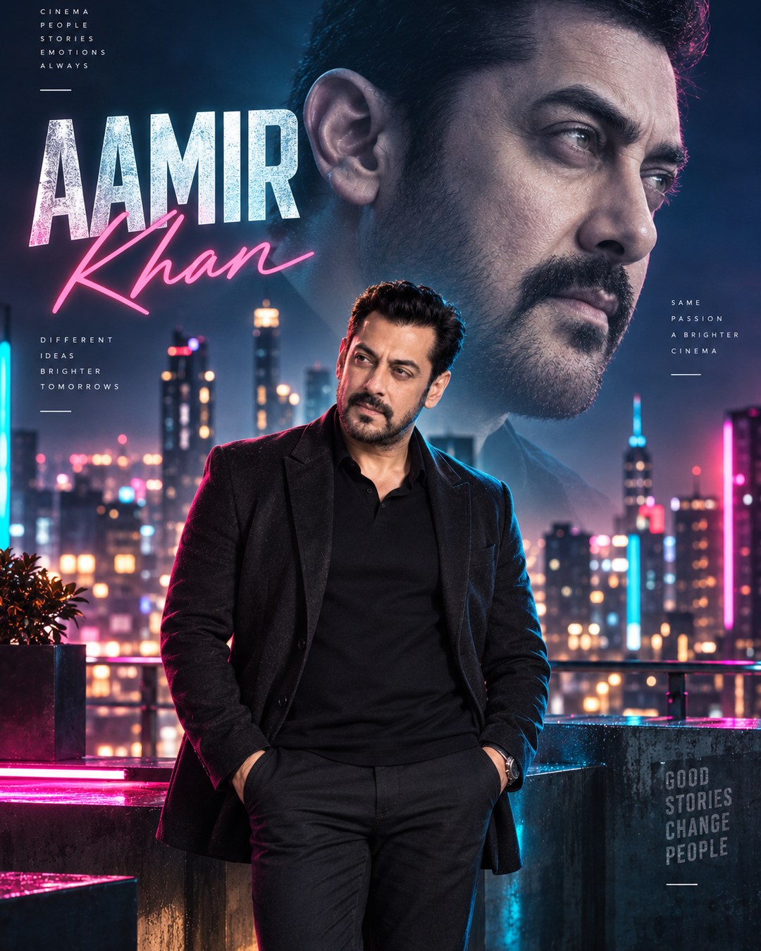 Aamir Khan Inspired Neon Rooftop City Male Poster reference poster