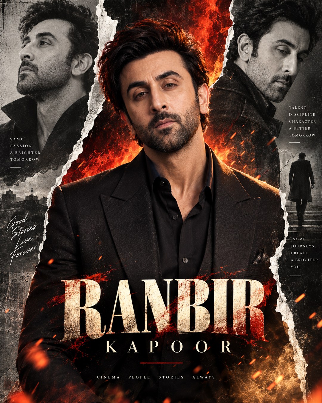 Ranbir Kapoor Inspired Torn-Paper Fire Mass Male Poster reference poster