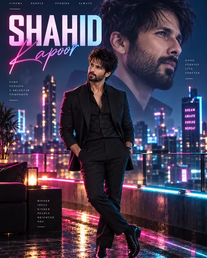 Shahid Kapoor Inspired Neon Rooftop City Male Poster — Congratulations AI poster reference