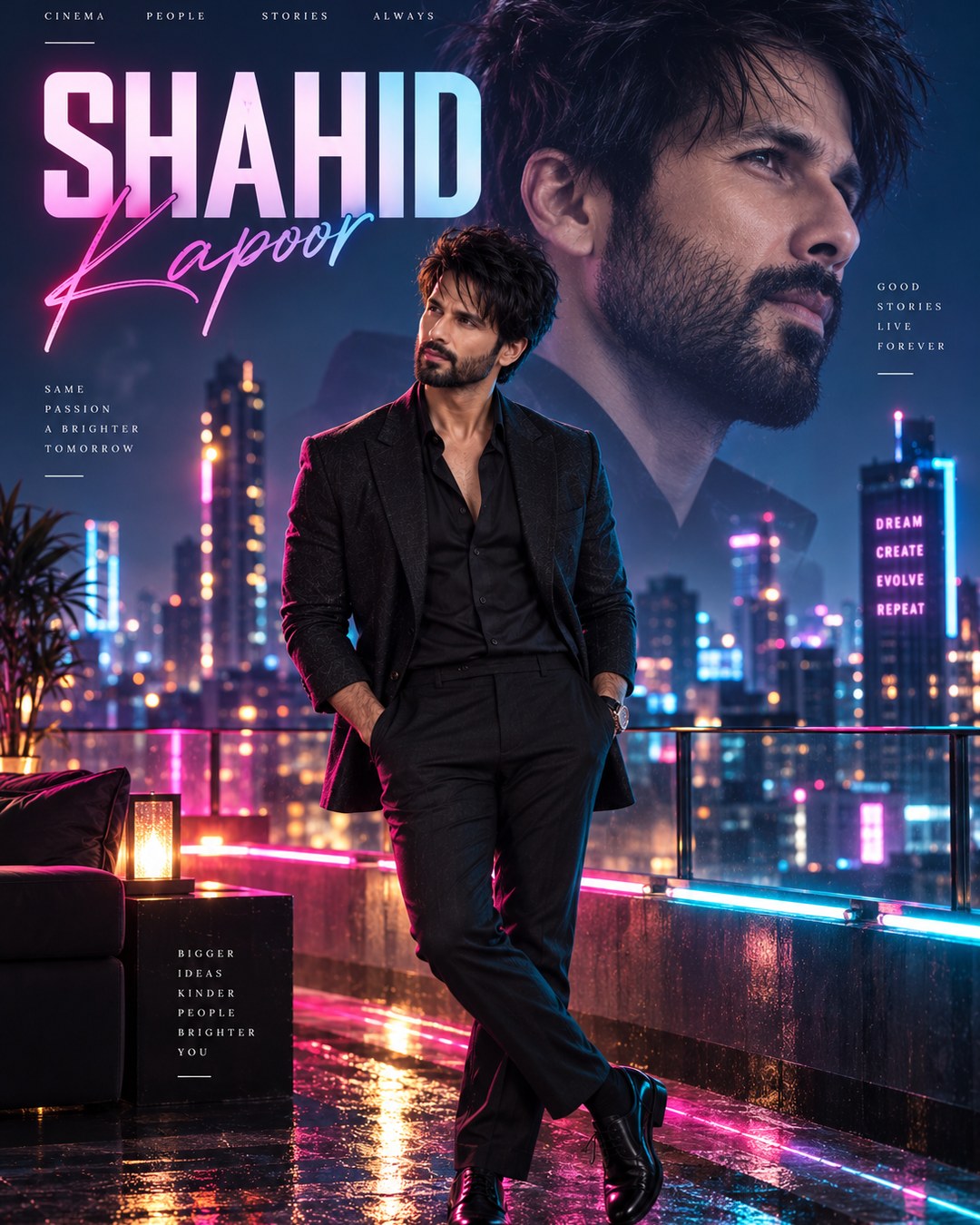 Shahid Kapoor Inspired Neon Rooftop City Male Poster reference poster