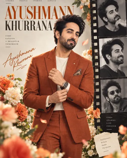 Ayushmann Khurrana Inspired Floral Film-Strip Editorial Male Poster — Congratulations AI poster reference