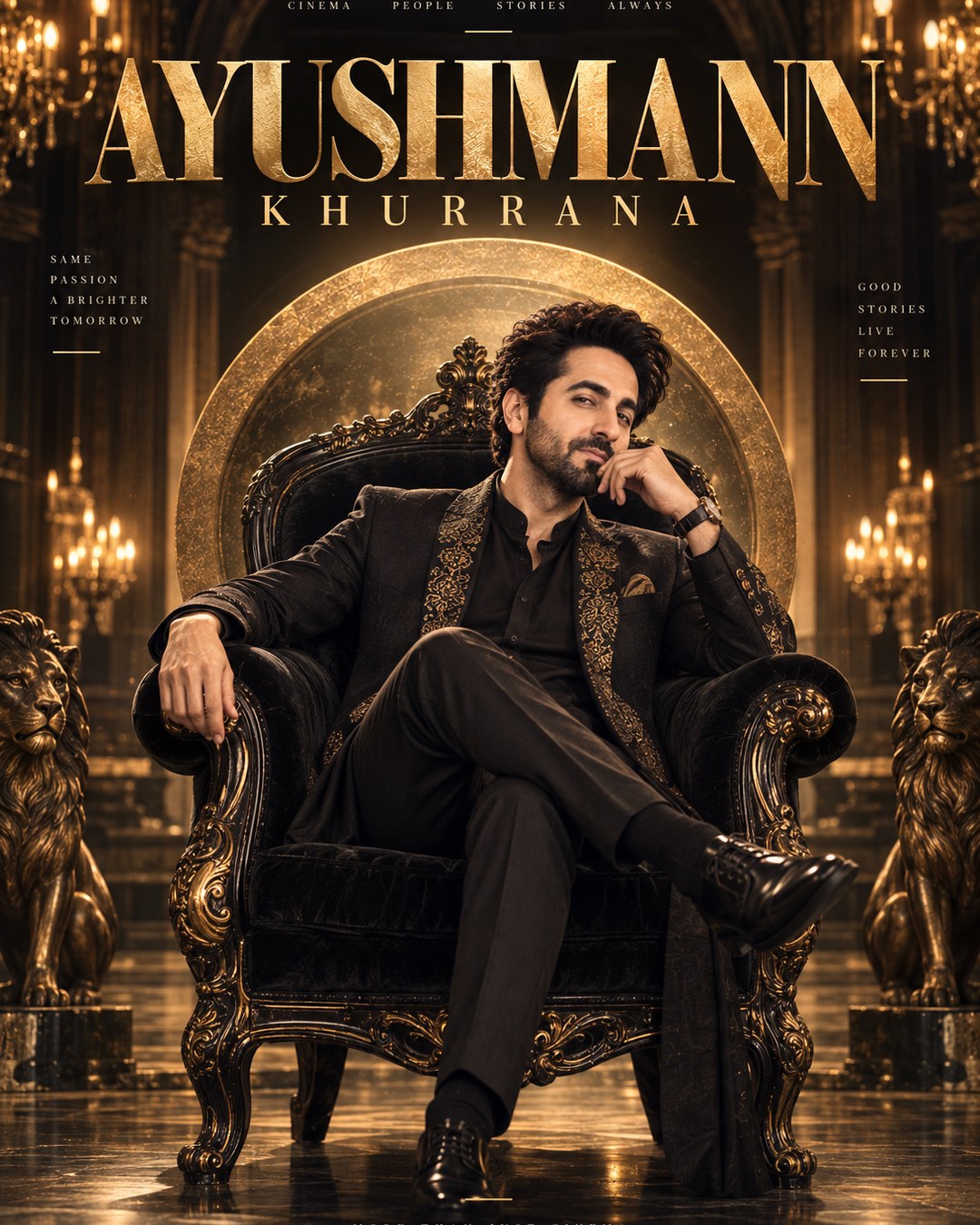 Ayushmann Khurrana Inspired Royal Black-Gold Throne Male Poster reference poster