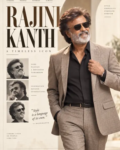 Rajinikanth Inspired Cream Magazine Minimal Male Poster — Congratulations AI poster reference
