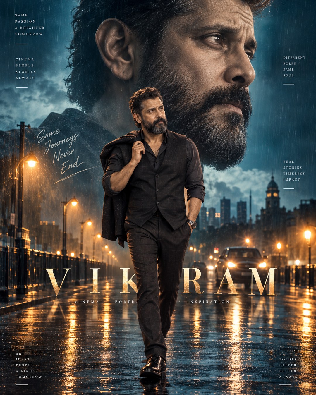 Vikram Inspired Rainy Road Double Exposure Male Poster reference poster