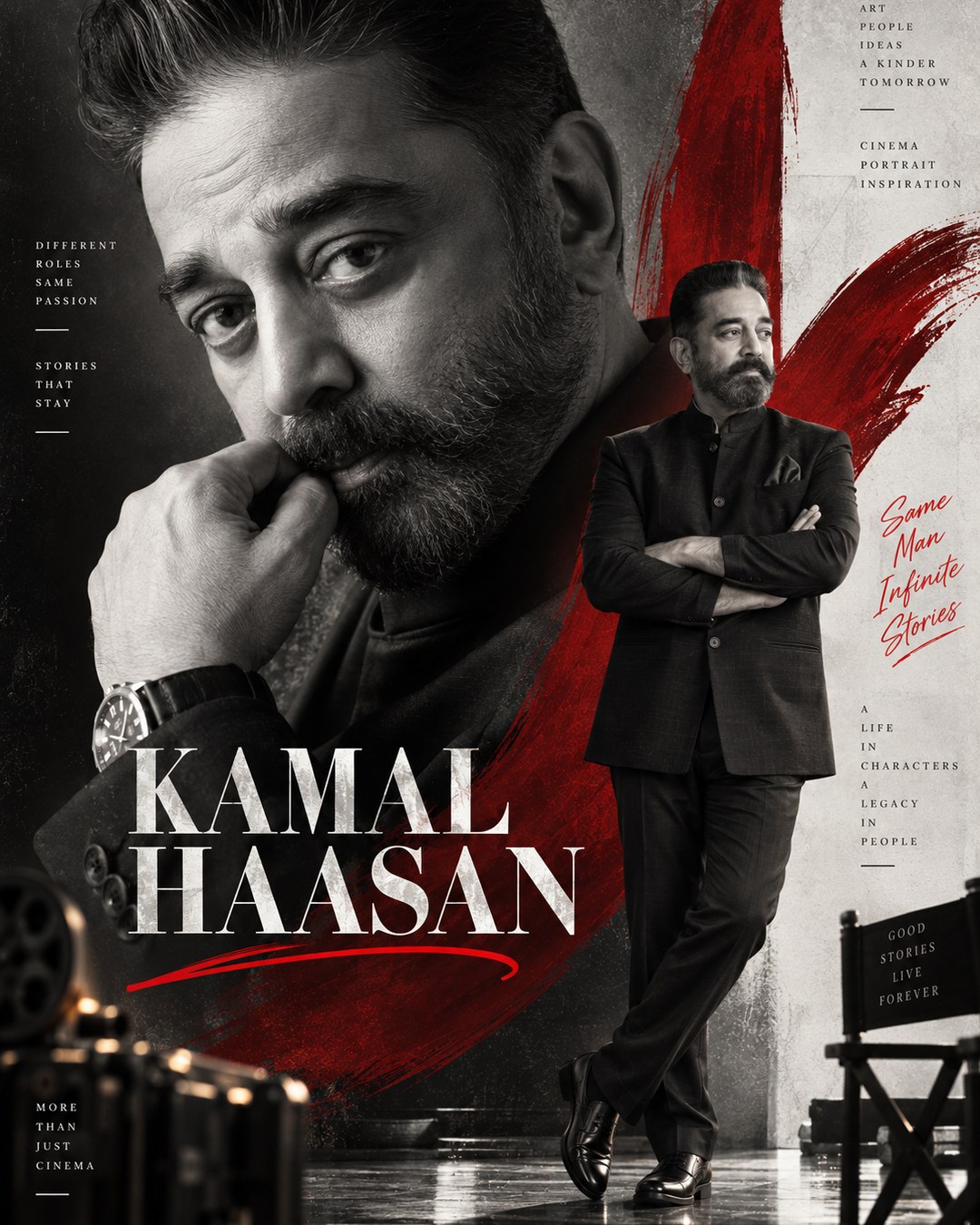 Kamal Haasan Inspired Monochrome Red Accent Male Poster reference poster