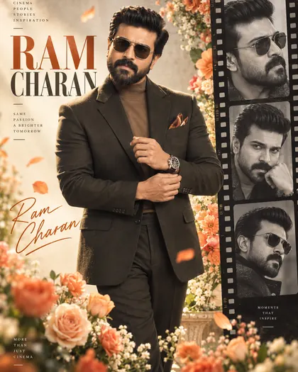Ram Charan Inspired Floral Film-Strip Editorial Male Poster — Congratulations AI poster reference