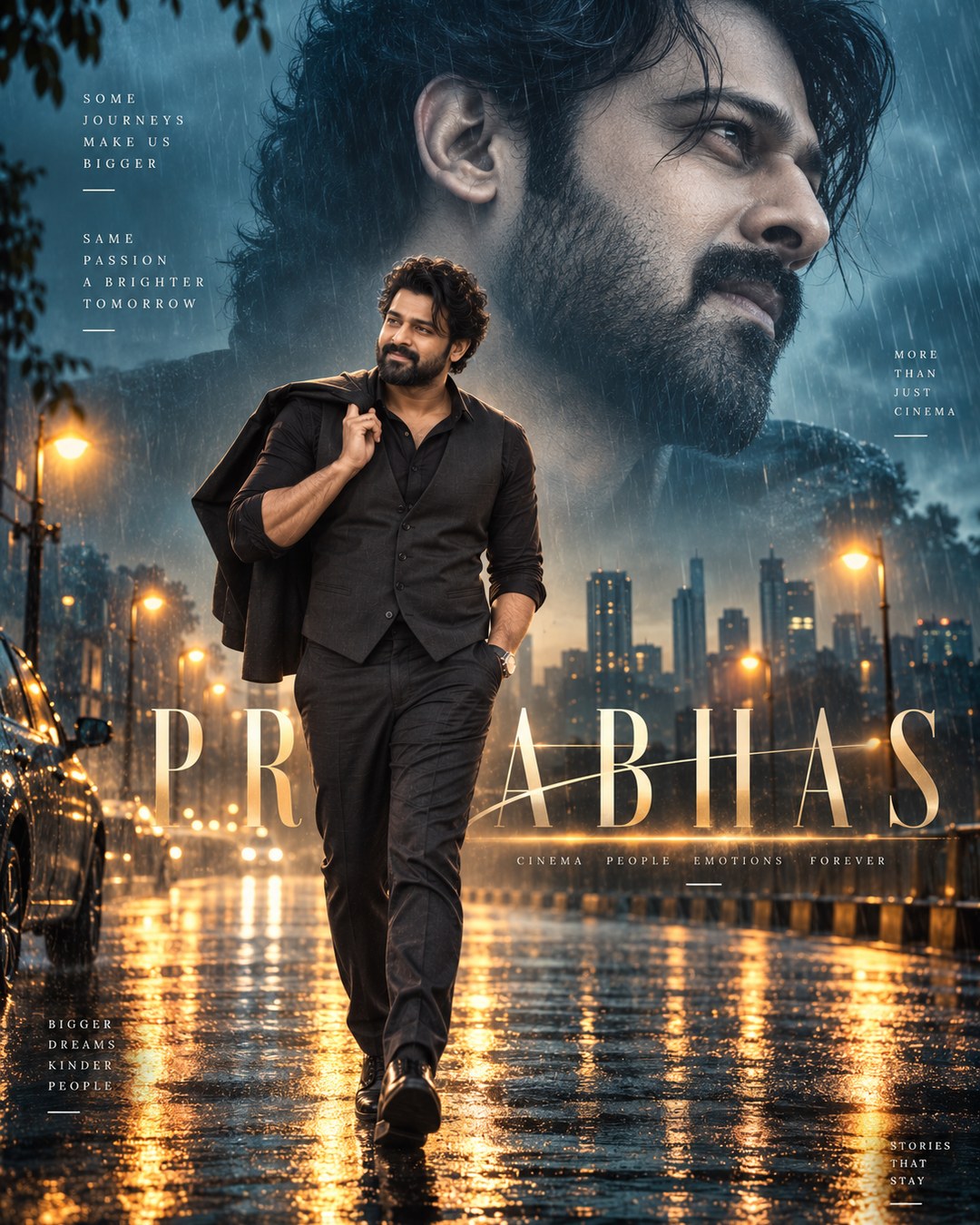 Prabhas Inspired Rainy Road Double Exposure Male Poster reference poster
