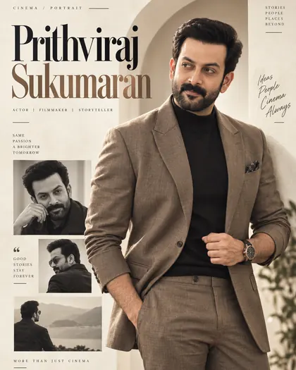 Prithviraj Sukumaran Inspired Cream Magazine Minimal Male Poster — Congratulations AI poster reference
