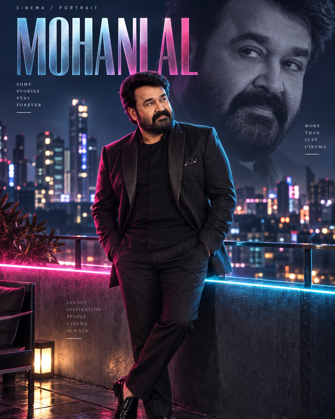 Mohanlal Inspired Neon Rooftop City Male Poster reference poster