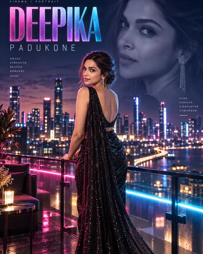 Deepika Padukone Inspired Neon Rooftop City Female Poster — Congratulations AI poster reference