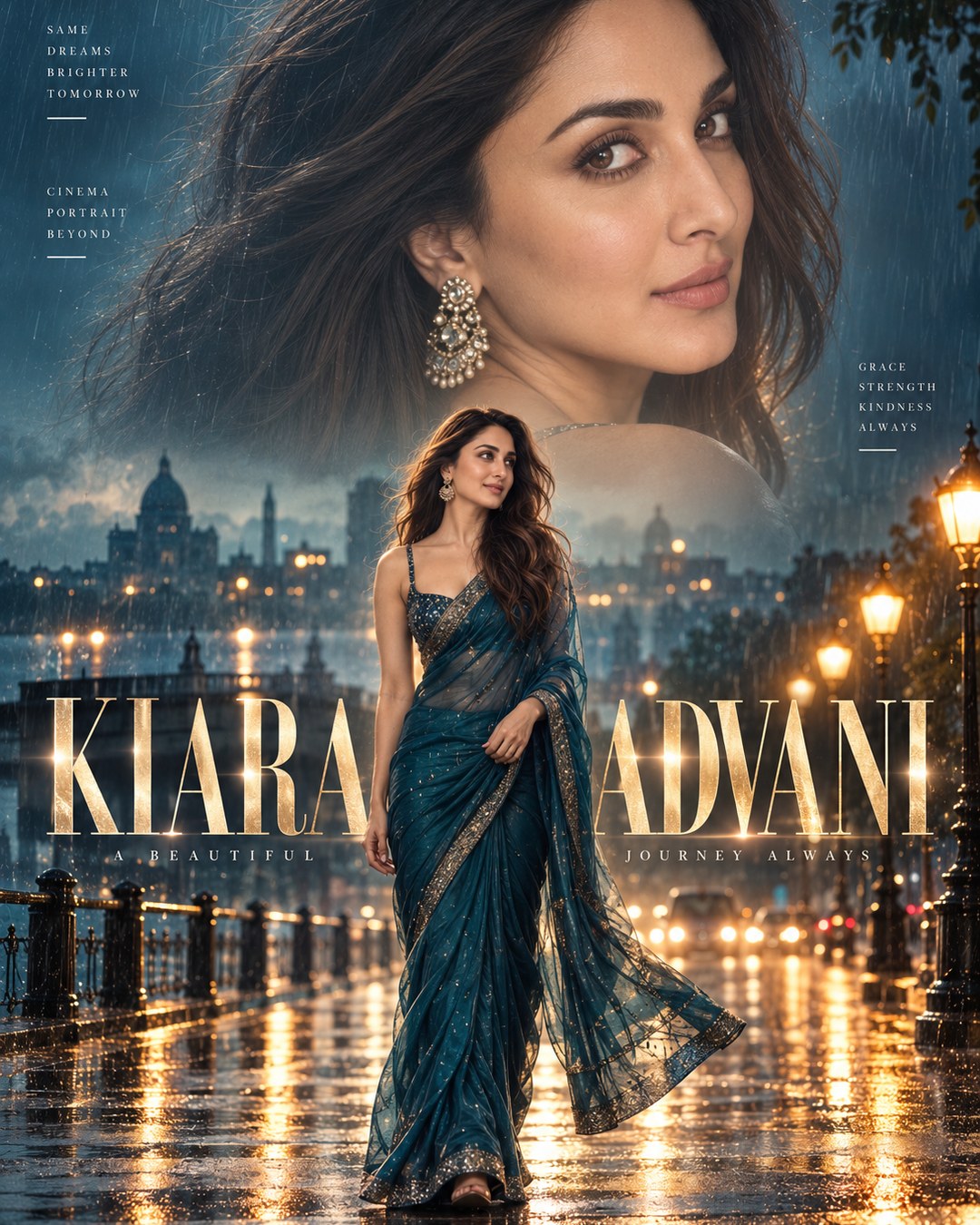 Kiara Advani Inspired Rainy Road Double Exposure Female Poster reference poster