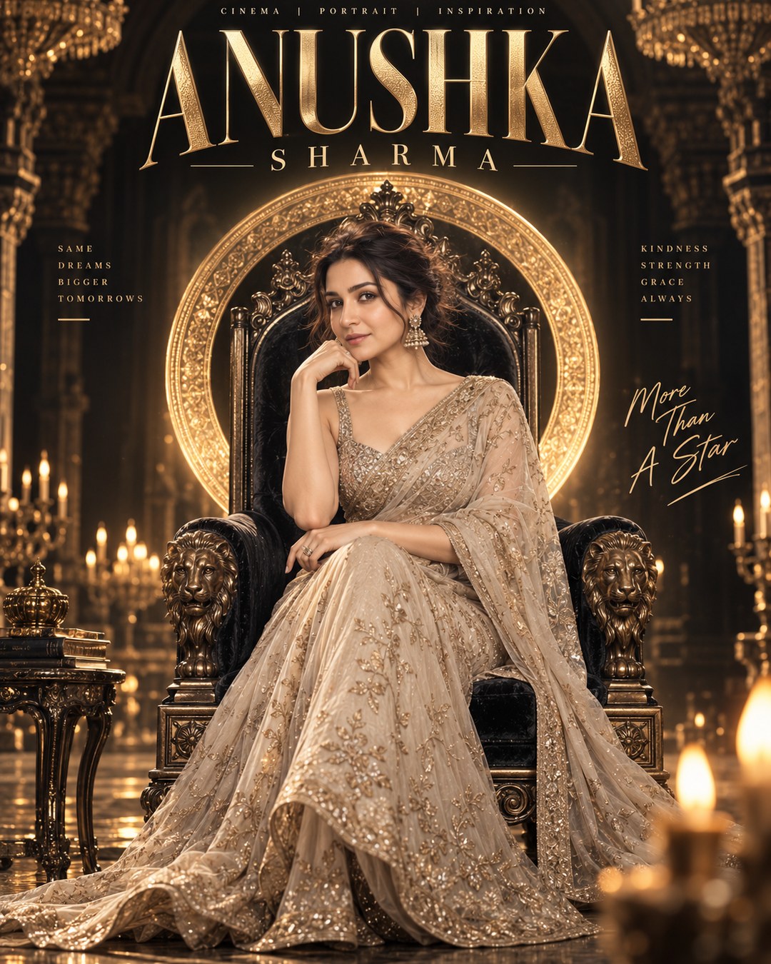 Anushka Sharma Inspired Royal Black-Gold Throne Female Poster reference poster