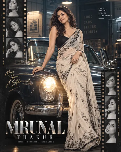 Mrunal Thakur Inspired Classic Car Garage Female Poster — Congratulations AI poster reference
