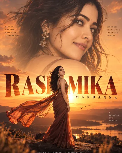 Rashmika Mandanna Inspired Hero Sunrise Silhouette Female Poster — Congratulations AI poster reference